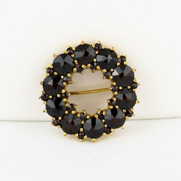 Vintage Genuine Garnet Brooch Gold Tone Circle Tested Dark Round Faceted Germany - Picture 1 of 8